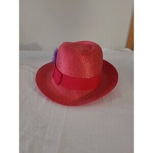Red Wmns R.O.C  Straw Fedora Hat Lightweight W/purple Feather